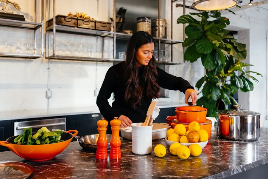 Homeowner working at a kitchen island while planning a renovation