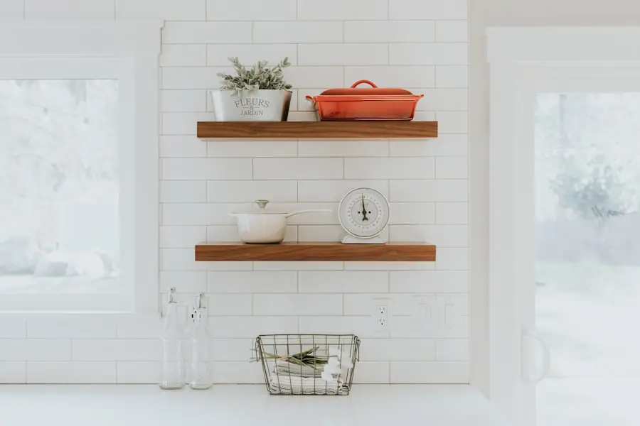 Open shelving and cabinetry detail in a bright kitchen