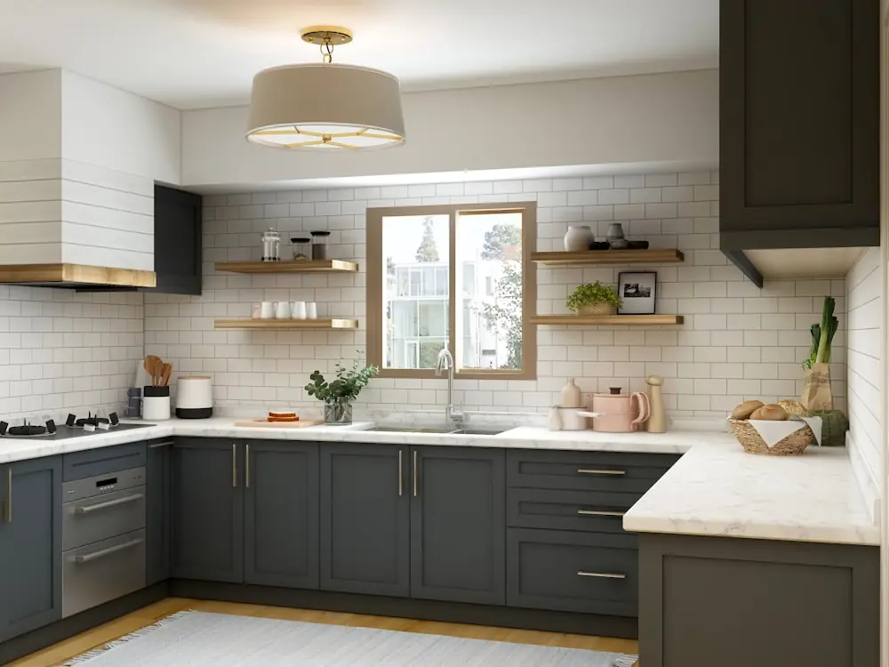 Deep green modern kitchen cabinets with brass hardware