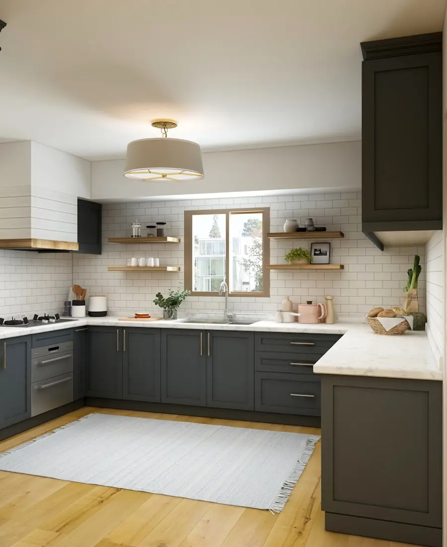 Deep green flat slab kitchen cabinets with integrated finger pulls