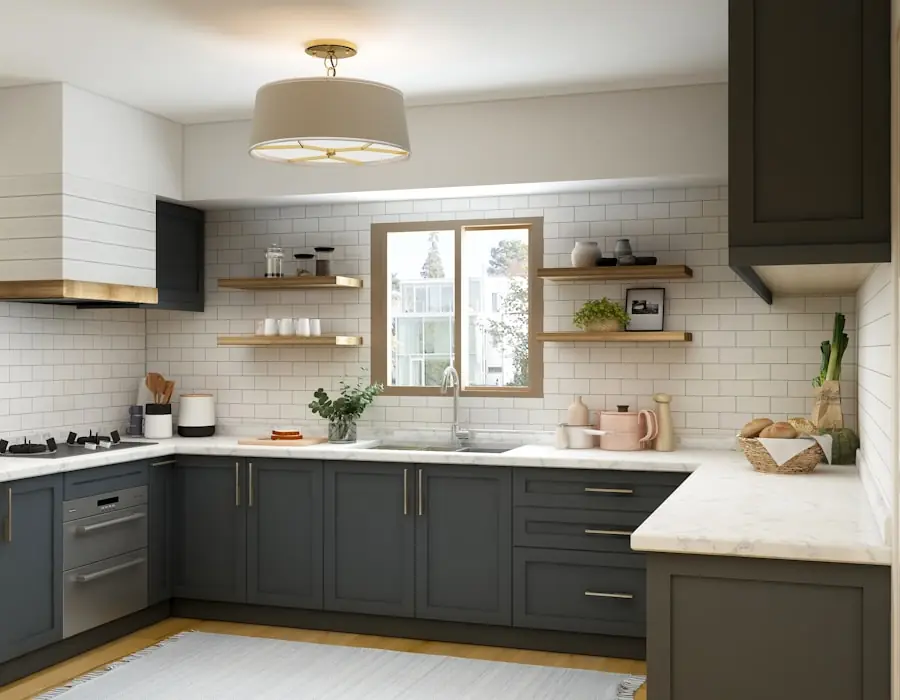 Deep green kitchen cabinets with a quartz counter and tiled backsplash