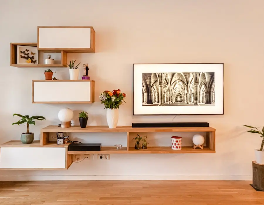 Custom floating shelves and wall millwork in a living space
